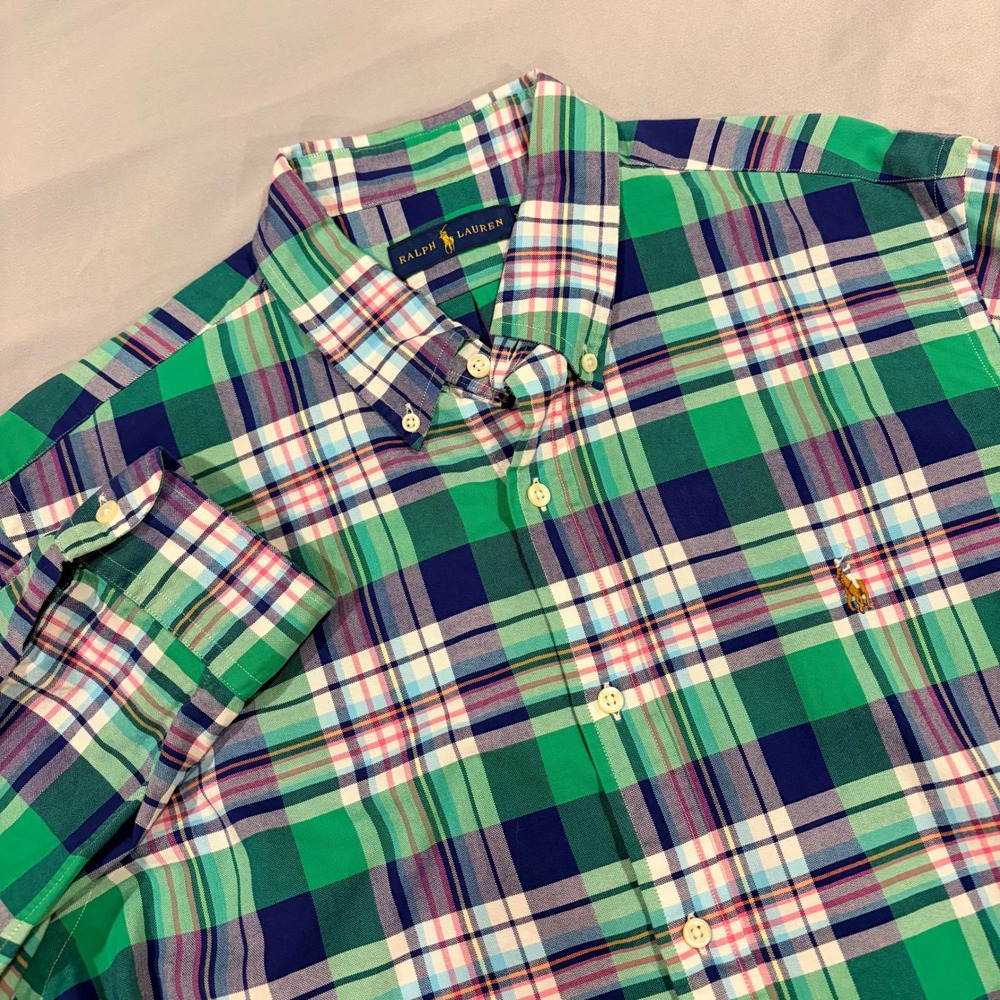 Ralph Lauren Mens XL Plaid Button Down Shirt Green Blue Long Sleeve Pony Logo